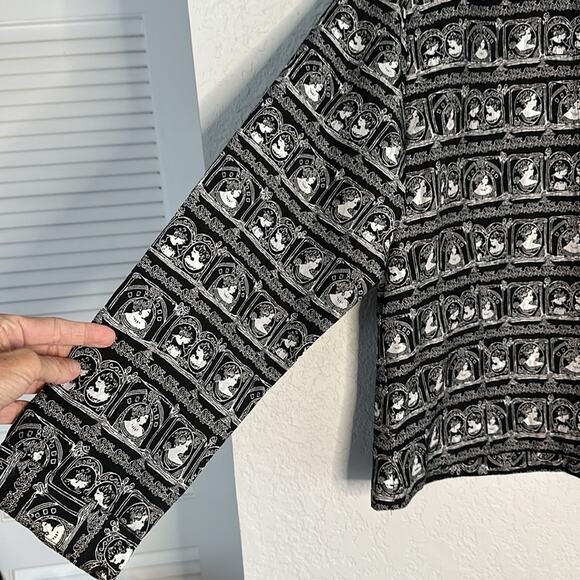 Chico’s Black Silver Silk Open Jacket Lady Vintage Cameo Print Artsy Museum - Picture 4 of 6